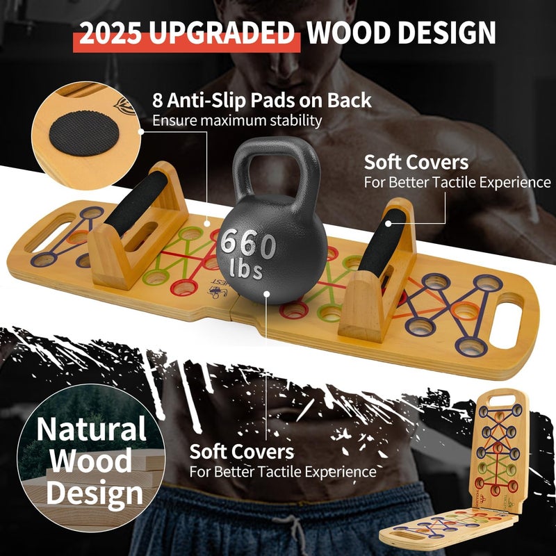 Figfey Wooden Portable Push up board, foldable fitness strength training pushup stand with solid bar grips, 2 handles for floor, professional push up training equipment for man and women - Image 4